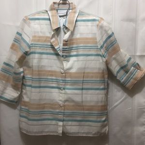 White green and light brown button up top